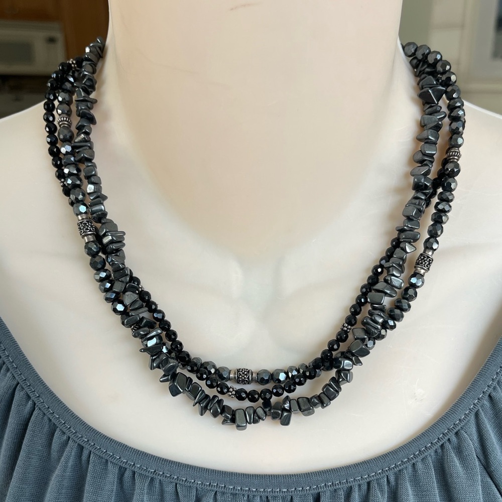 Black 3 Strand Necklace with Silver Tone Accents - Picture 5 of 16